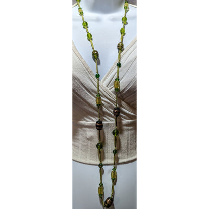 Handmade Green Glass Beaded Ribbon Necklace