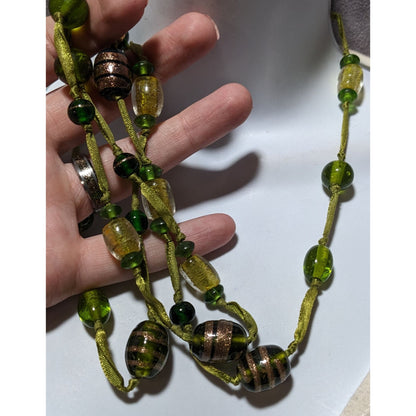 Handmade Green Glass Beaded Ribbon Necklace