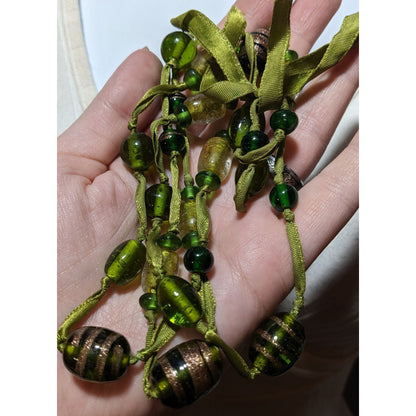 Handmade Green Glass Beaded Ribbon Necklace