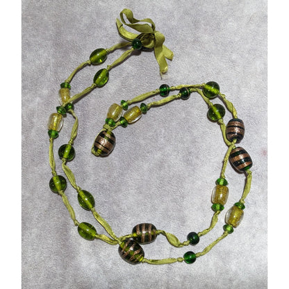 Handmade Green Glass Beaded Ribbon Necklace