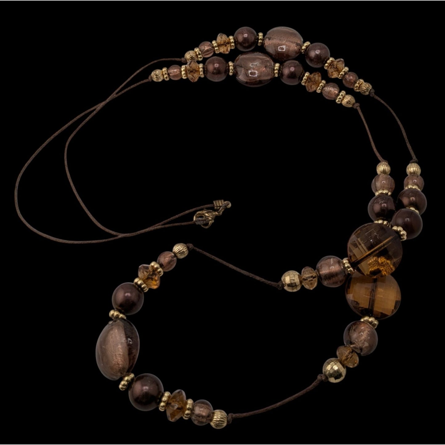 Vintage Bohemian Beaded Glass Station Necklace W/ Brown & Gold Tones