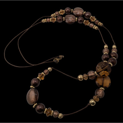 Vintage Bohemian Beaded Glass Station Necklace W/ Brown & Gold Tones