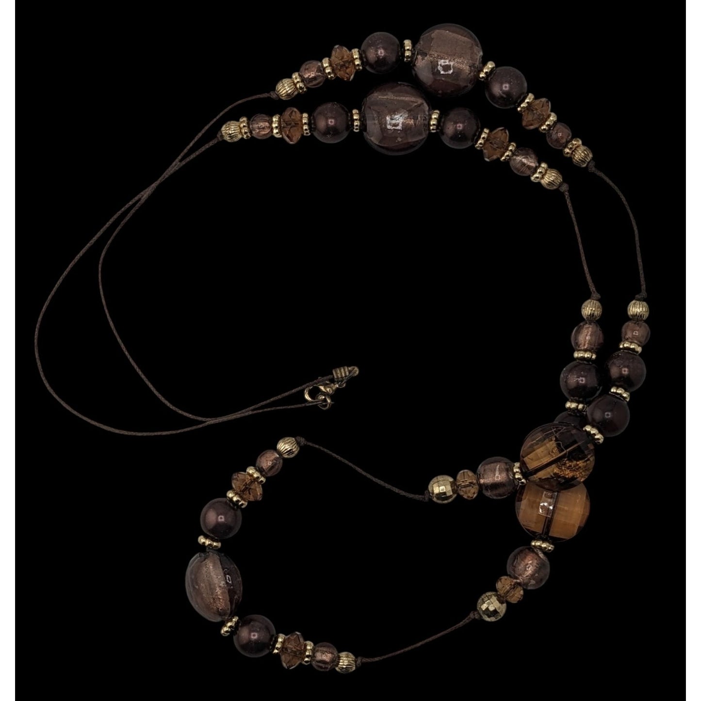 Vintage Bohemian Beaded Glass Station Necklace W/ Brown & Gold Tones