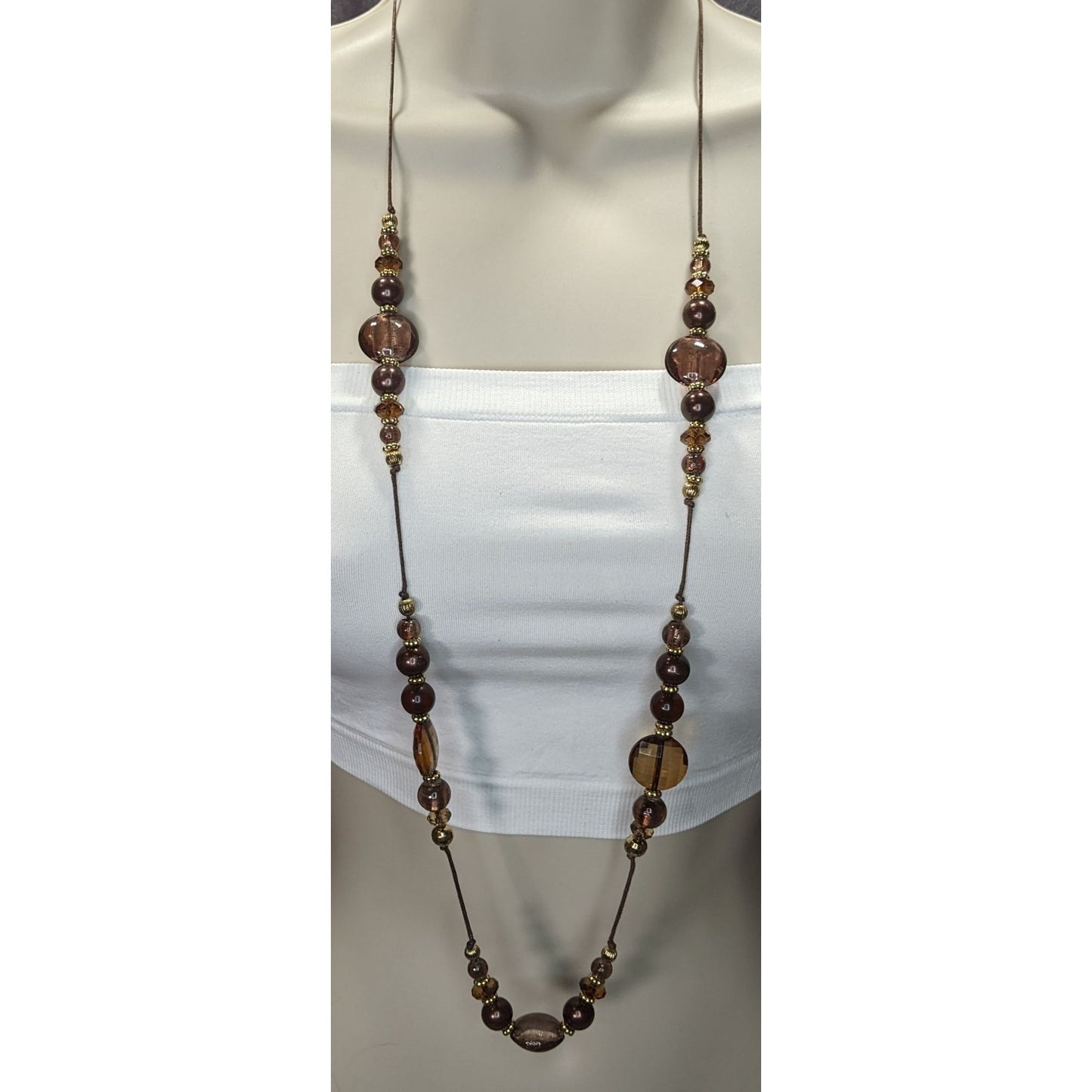 Vintage Bohemian Beaded Glass Station Necklace W/ Brown & Gold Tones