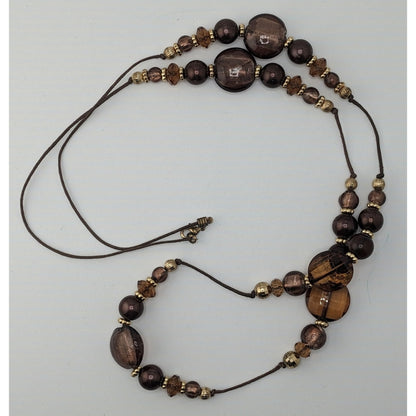Vintage Bohemian Beaded Glass Station Necklace W/ Brown & Gold Tones