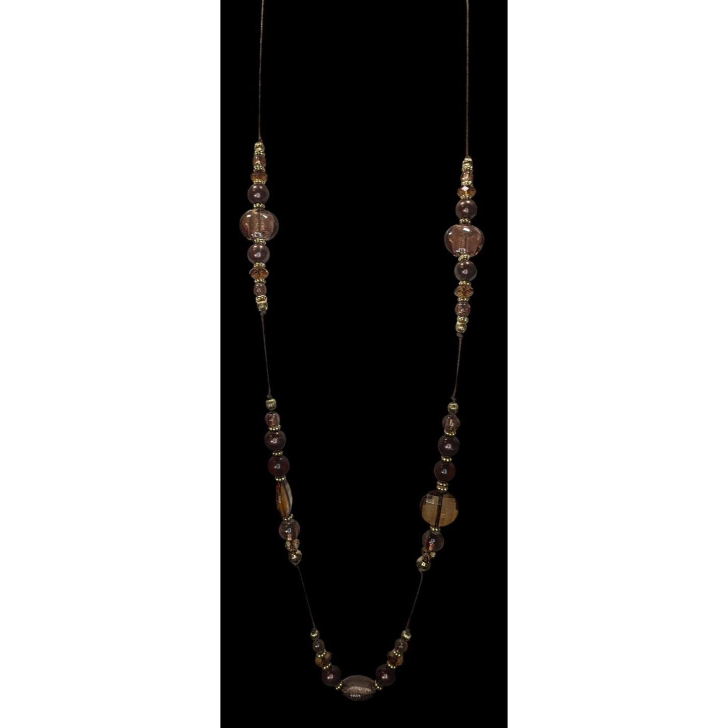 Vintage Bohemian Beaded Glass Station Necklace W/ Brown & Gold Tones