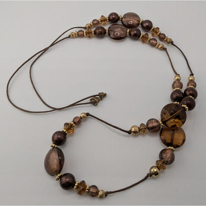 Vintage Bohemian Beaded Glass Station Necklace W/ Brown & Gold Tones