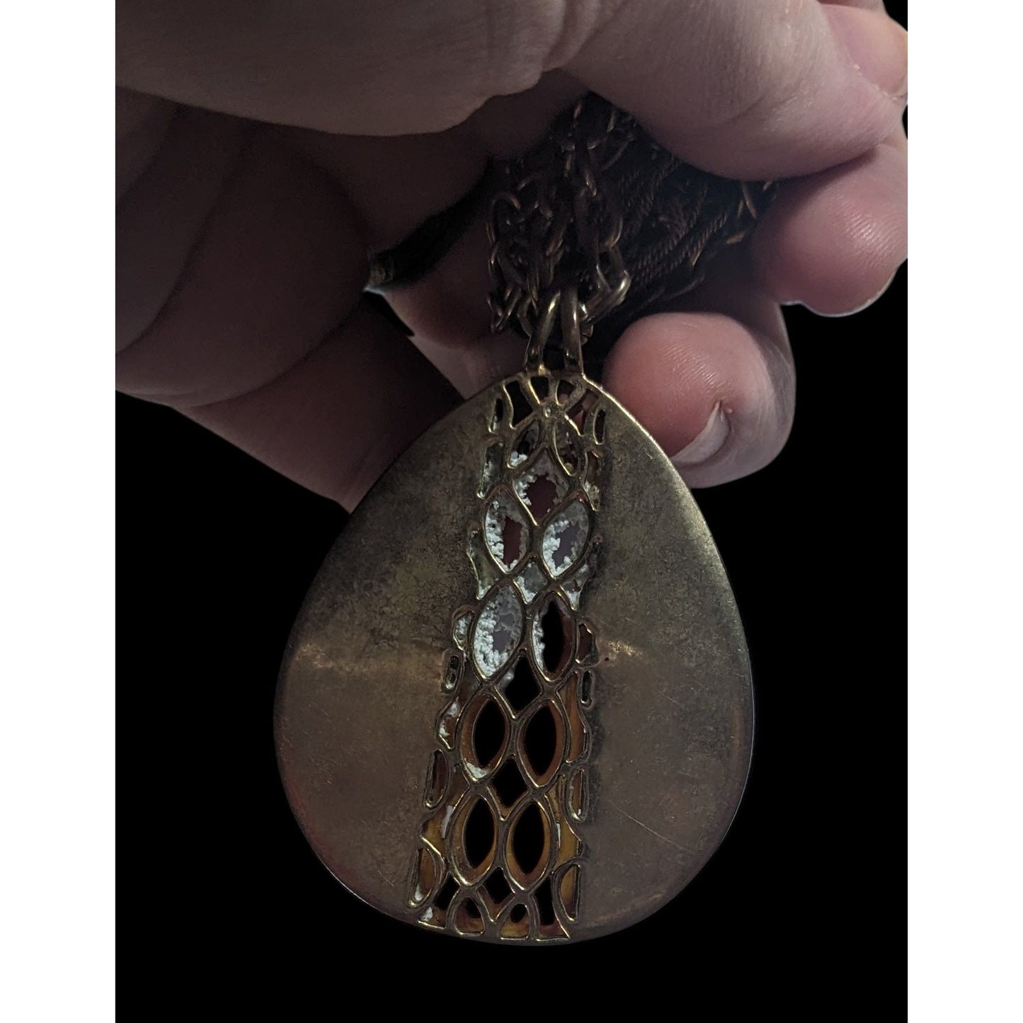 Vintage Liz Claiborne Tortoise Lucite Filigree Teardrop Pendant Necklace