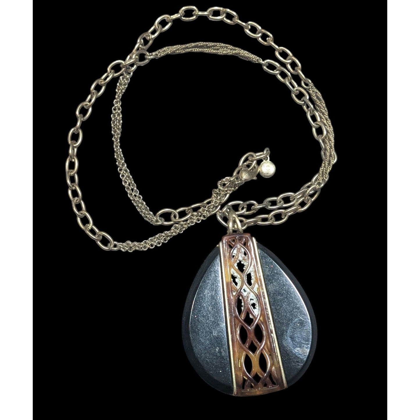 Vintage Liz Claiborne Tortoise Lucite Filigree Teardrop Pendant Necklace