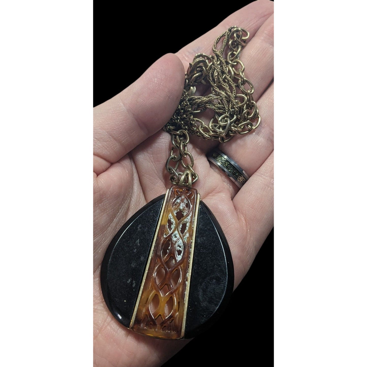 Vintage Liz Claiborne Tortoise Lucite Filigree Teardrop Pendant Necklace