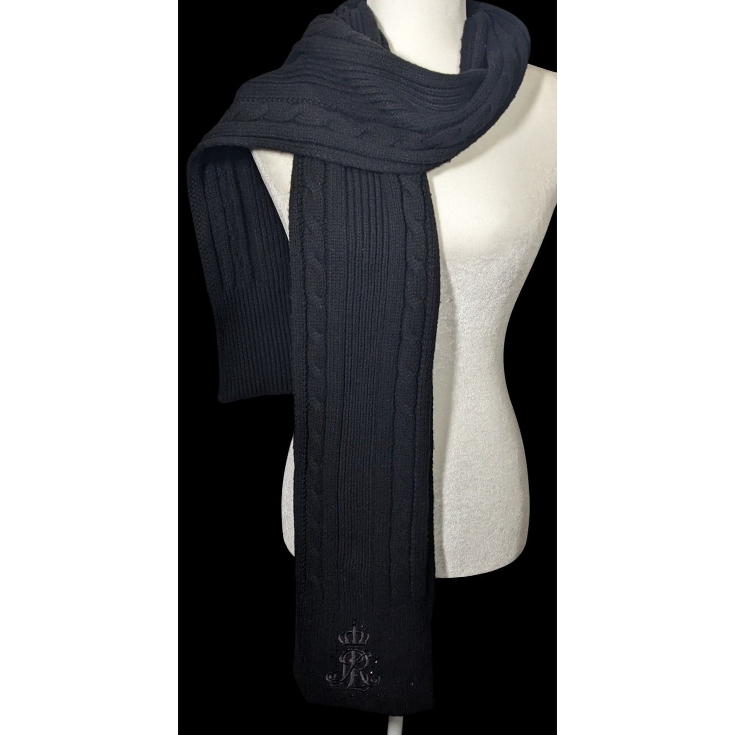 Ralph Lauren Black Cable Knit Embroidered Logo Rhinestone Scarf