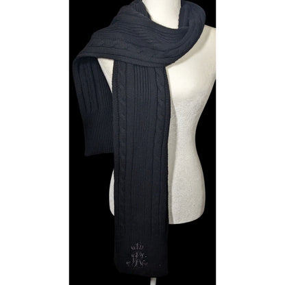 Ralph Lauren Black Cable Knit Embroidered Logo Rhinestone Scarf