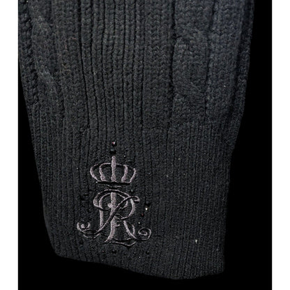 Ralph Lauren Black Cable Knit Embroidered Logo Rhinestone Scarf
