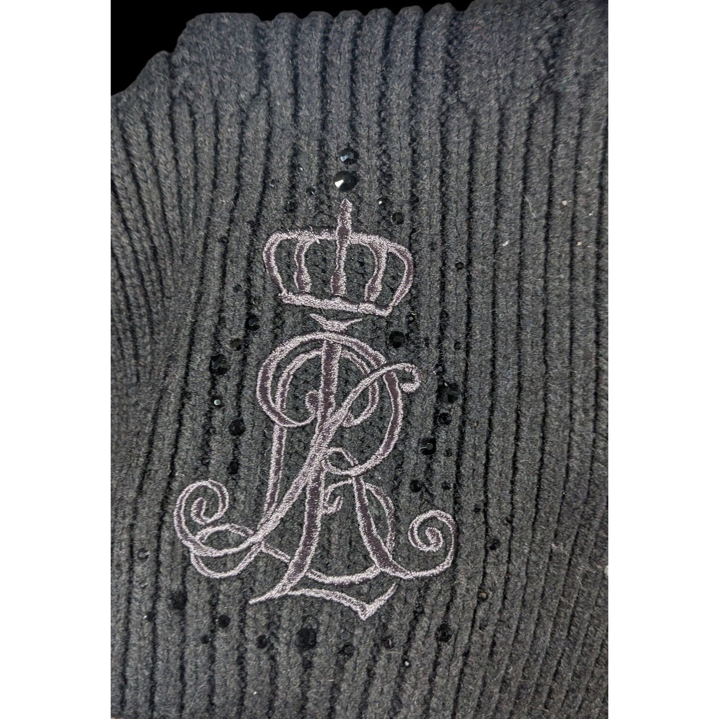 Ralph Lauren Black Cable Knit Embroidered Logo Rhinestone Scarf