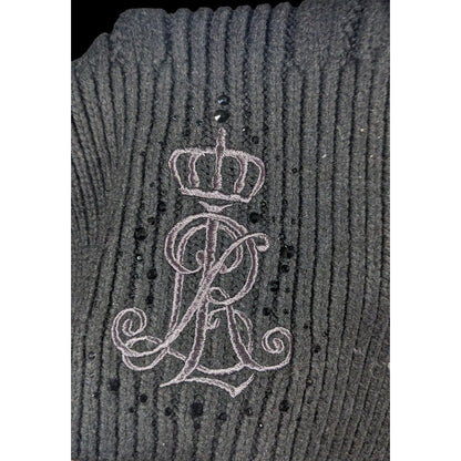 Ralph Lauren Black Cable Knit Embroidered Logo Rhinestone Scarf