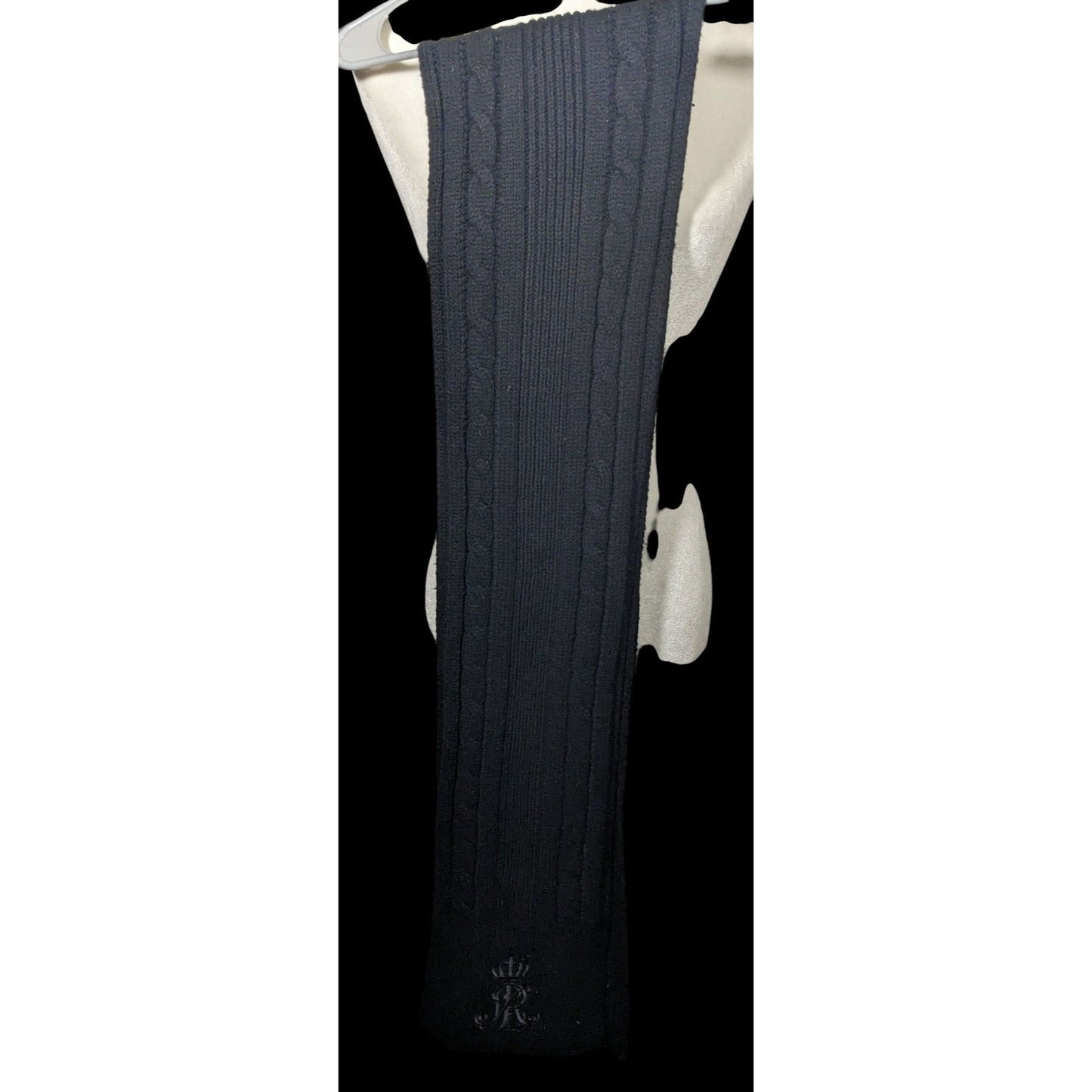 Ralph Lauren Black Cable Knit Embroidered Logo Rhinestone Scarf