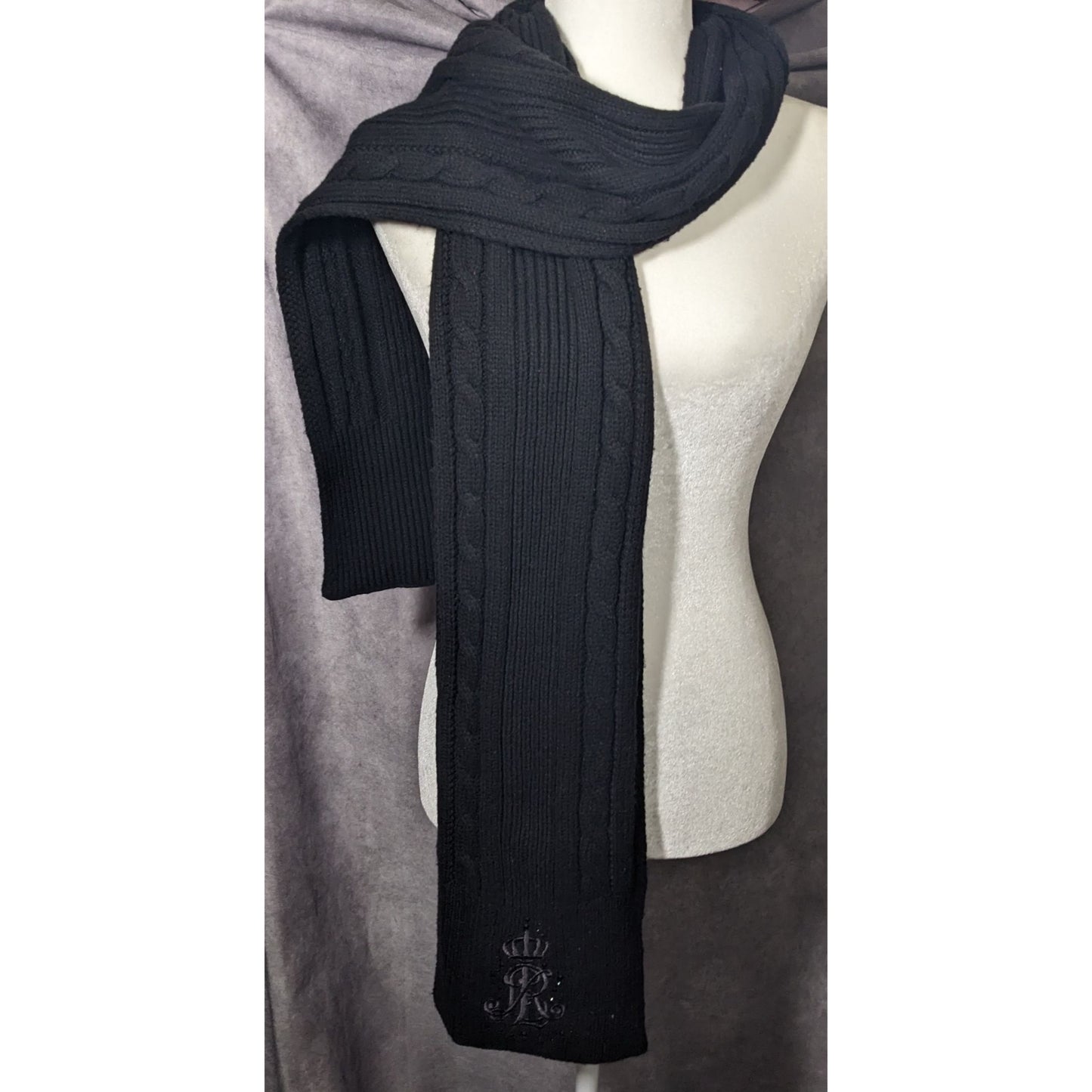 Ralph Lauren Black Cable Knit Embroidered Logo Rhinestone Scarf