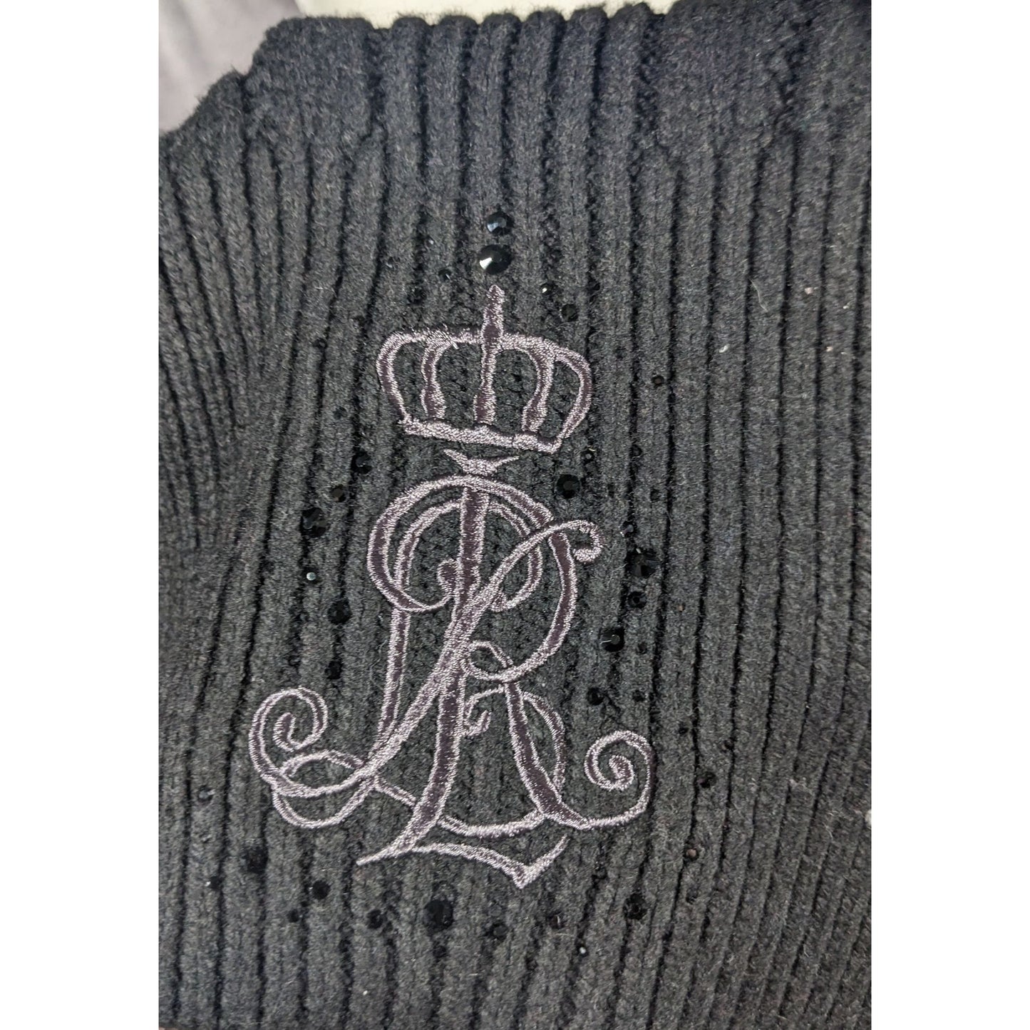 Ralph Lauren Black Cable Knit Embroidered Logo Rhinestone Scarf