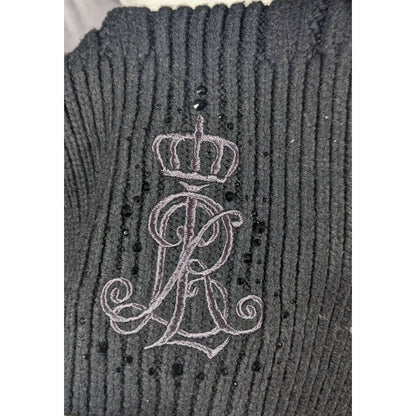 Ralph Lauren Black Cable Knit Embroidered Logo Rhinestone Scarf