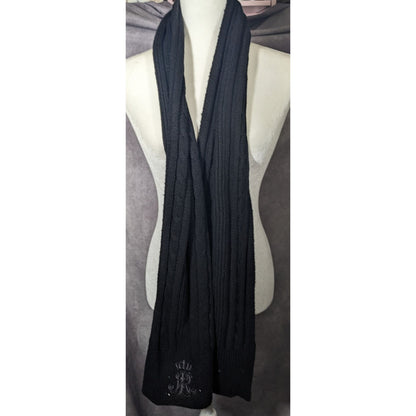 Ralph Lauren Black Cable Knit Embroidered Logo Rhinestone Scarf