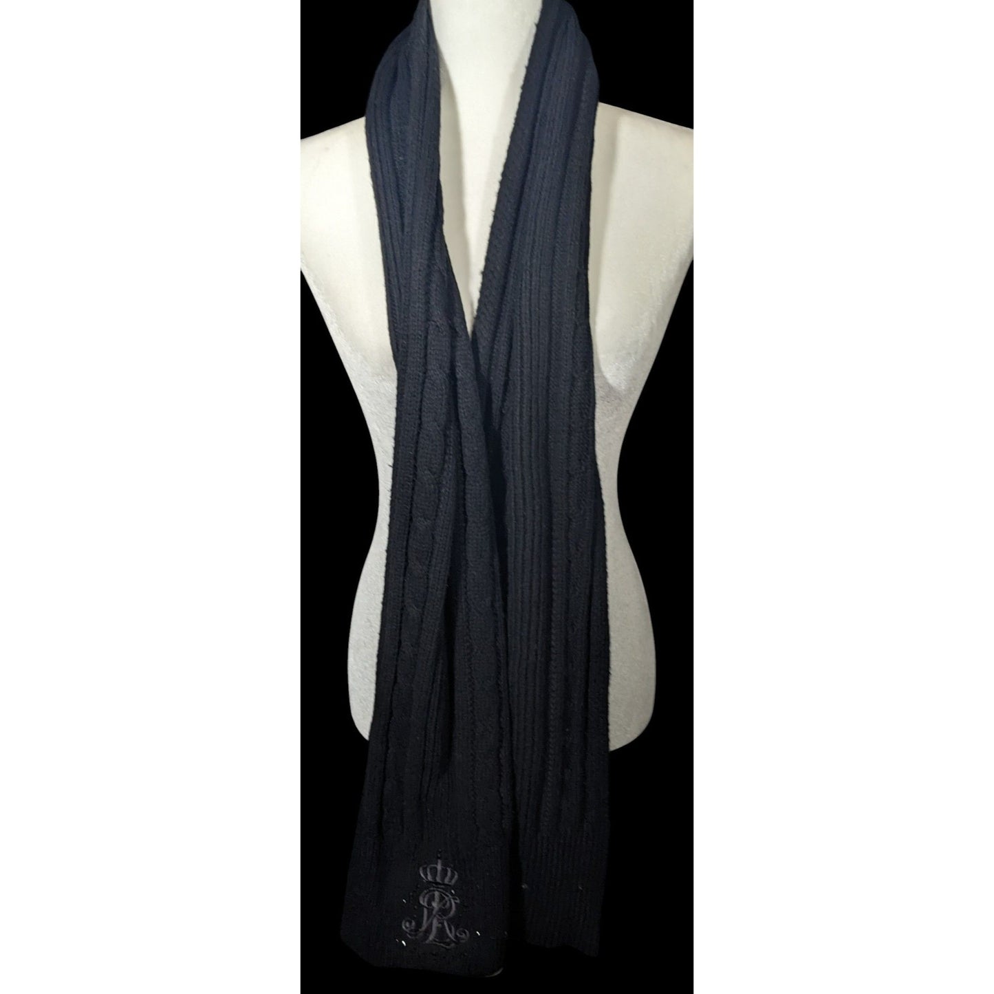 Ralph Lauren Black Cable Knit Embroidered Logo Rhinestone Scarf