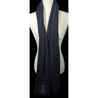 Ralph Lauren Black Cable Knit Embroidered Logo Rhinestone Scarf