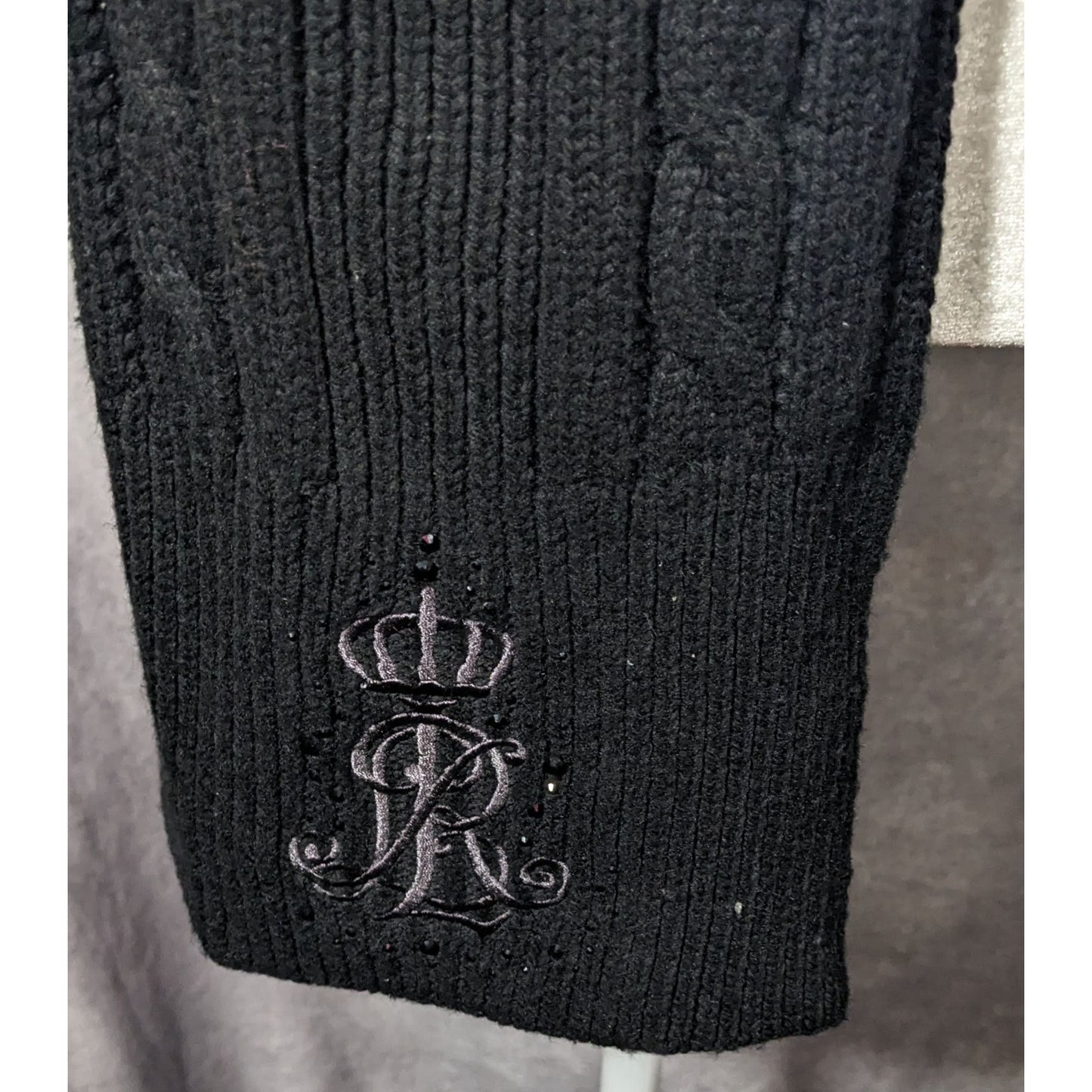 Ralph Lauren Black Cable Knit Embroidered Logo Rhinestone Scarf