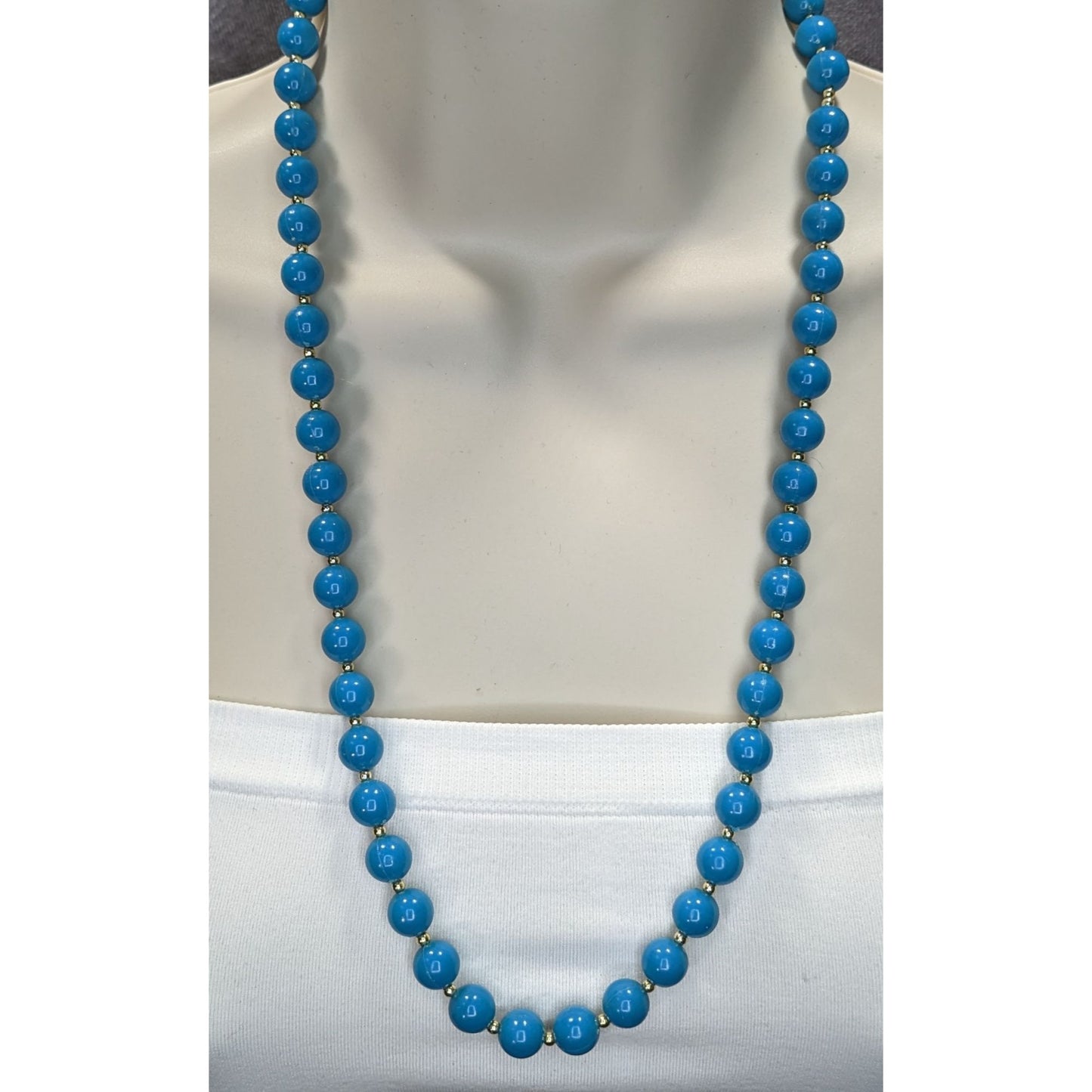Vintage Retro Blue Bead Necklace With Gold-Tone Accents