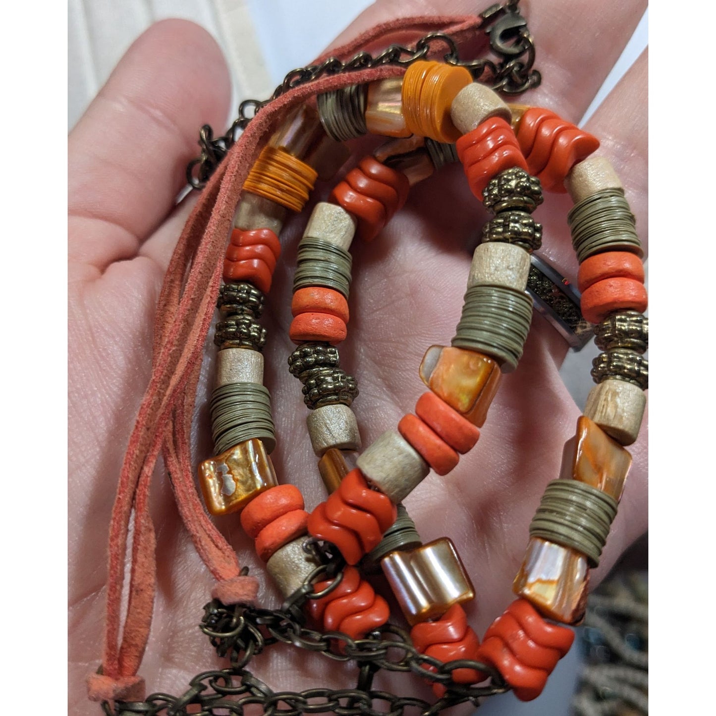 Vintage Retro Orange Mixed Media Beaded Necklace