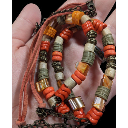 Vintage Retro Orange Mixed Media Beaded Necklace
