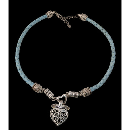 Blue Braided Leather Heart Pendant Choker Silver Tone Filigree Necklace
