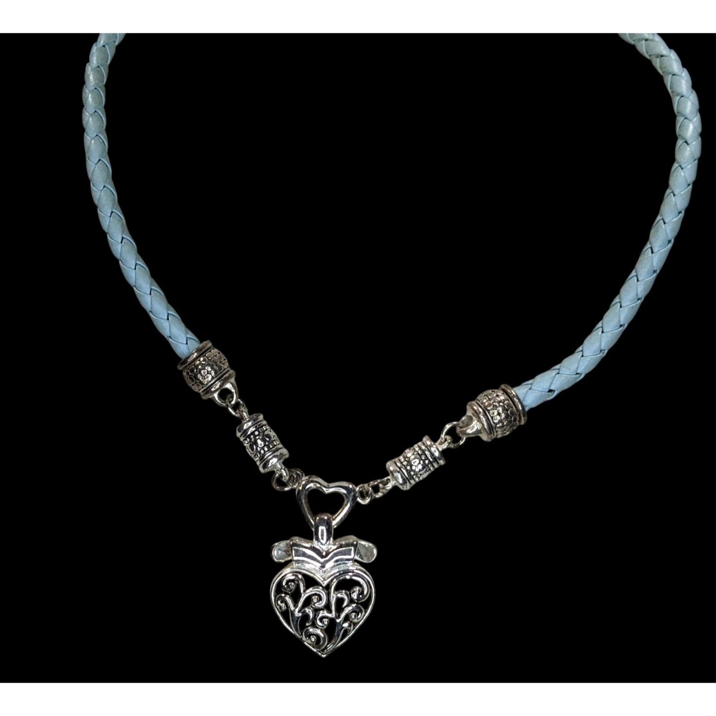 Blue Braided Leather Heart Pendant Choker Silver Tone Filigree Necklace