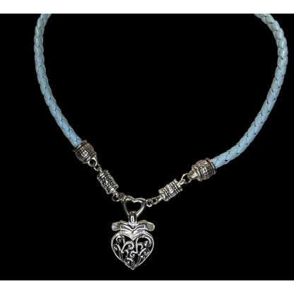 Blue Braided Leather Heart Pendant Choker Silver Tone Filigree Necklace