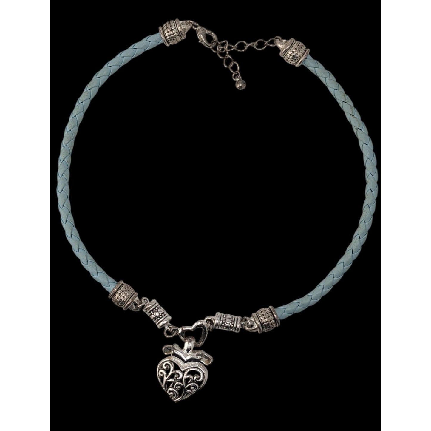 Blue Braided Leather Heart Pendant Choker Silver Tone Filigree Necklace