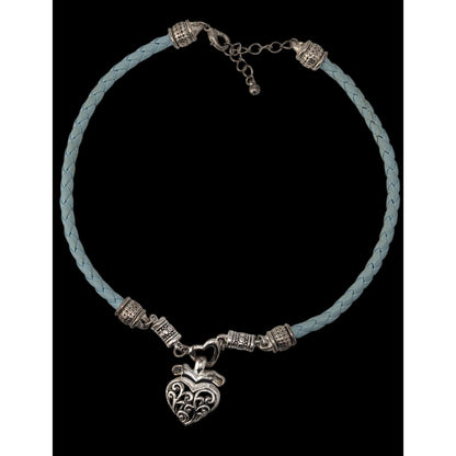 Blue Braided Leather Heart Pendant Choker Silver Tone Filigree Necklace