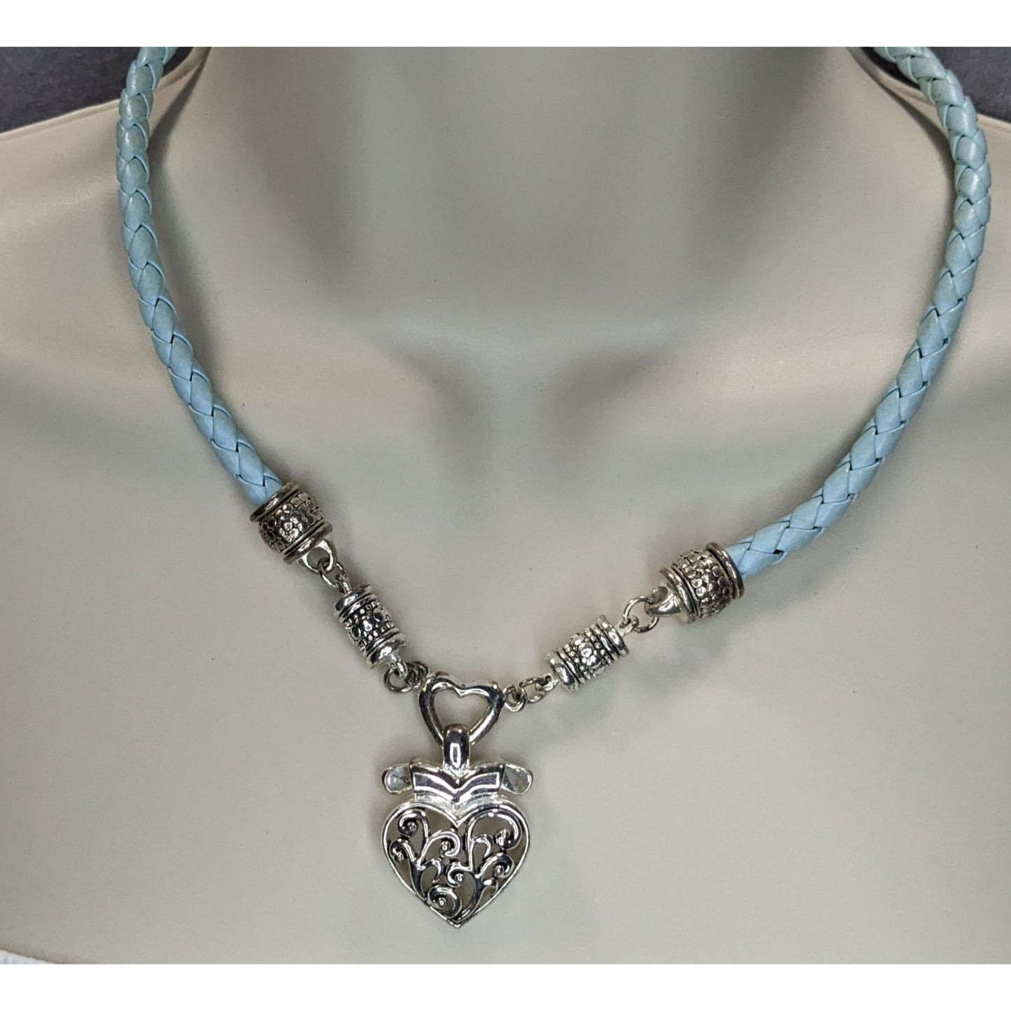 Blue Braided Leather Heart Pendant Choker Silver Tone Filigree Necklace