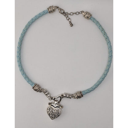Blue Braided Leather Heart Pendant Choker Silver Tone Filigree Necklace