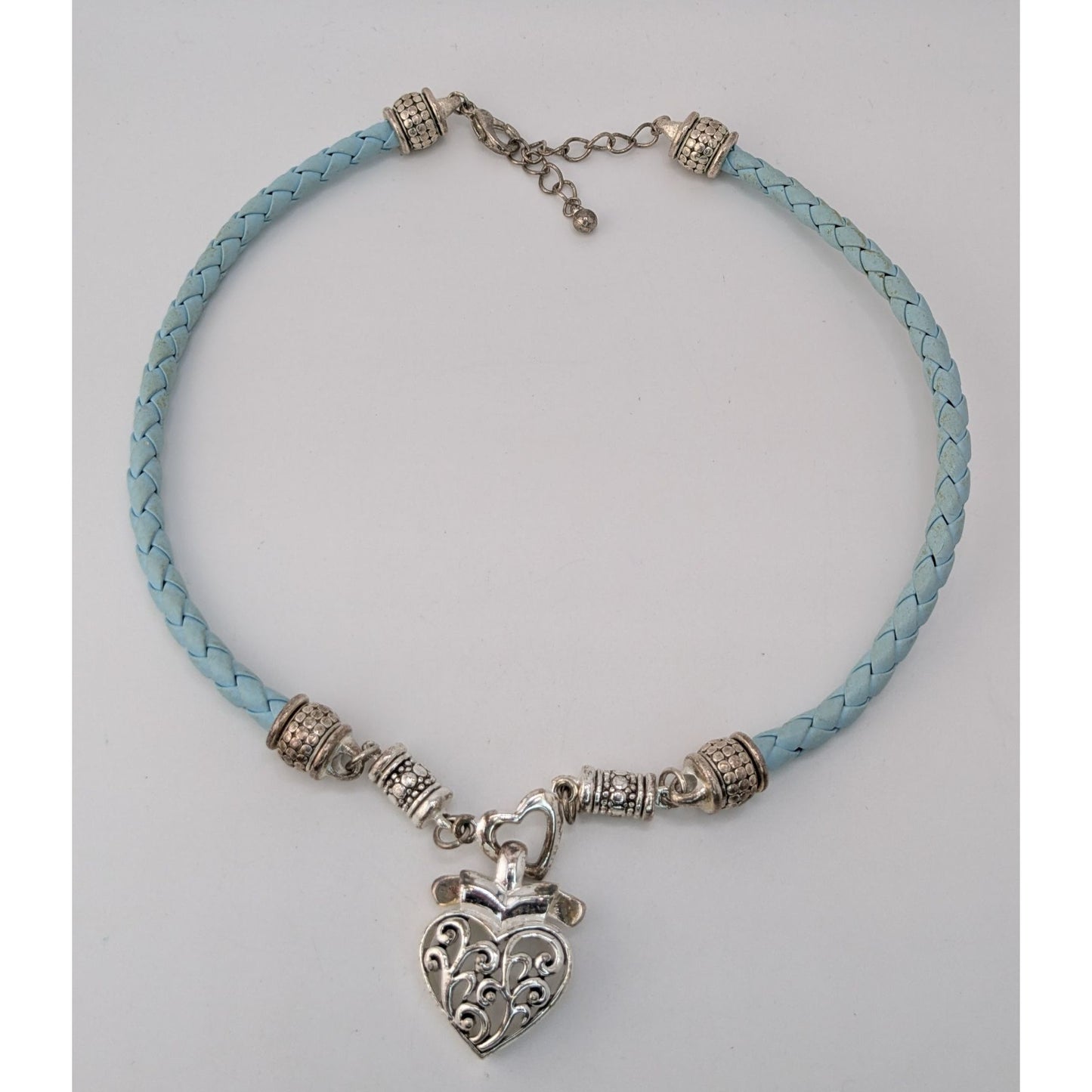 Blue Braided Leather Heart Pendant Choker Silver Tone Filigree Necklace