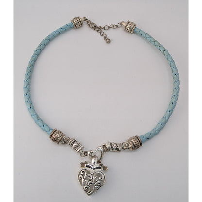 Blue Braided Leather Heart Pendant Choker Silver Tone Filigree Necklace