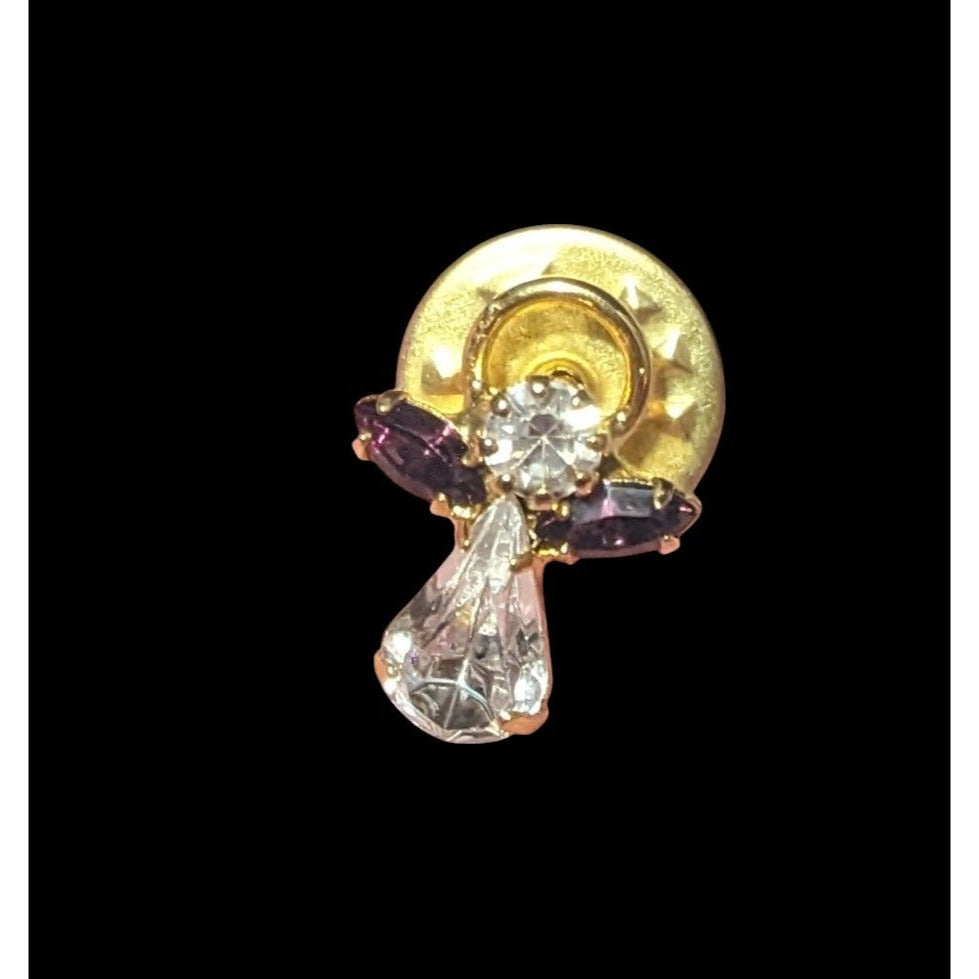 Vintage Minimalist Clear And Purple Gemmed Guardian Angel Pin