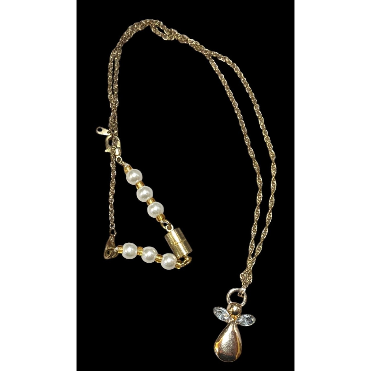 Gold Tone Gemmed Angel Pendant Necklace With Faux Pearl Extender