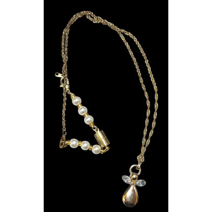 Gold Tone Gemmed Angel Pendant Necklace With Faux Pearl Extender