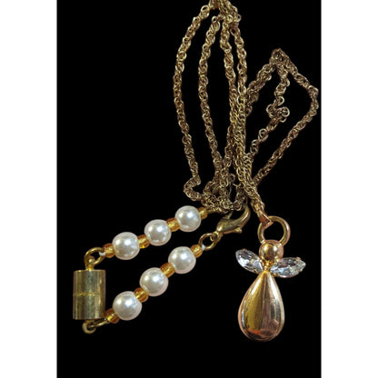 Gold Tone Gemmed Angel Pendant Necklace With Faux Pearl Extender