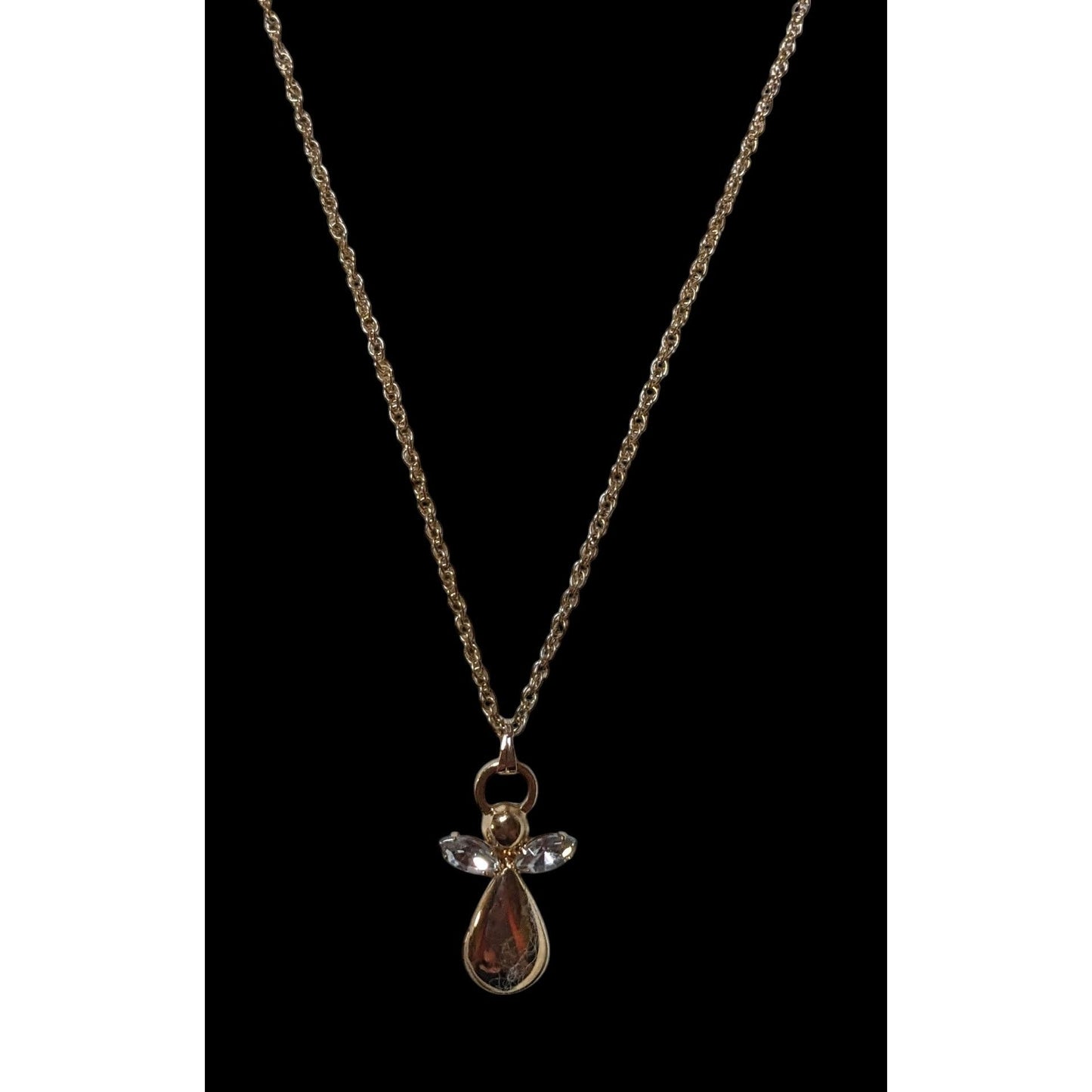 Gold Tone Gemmed Angel Pendant Necklace With Faux Pearl Extender