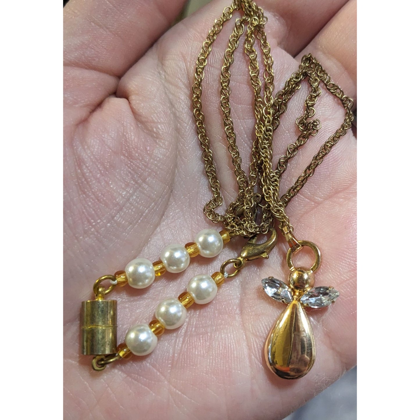 Gold Tone Gemmed Angel Pendant Necklace With Faux Pearl Extender