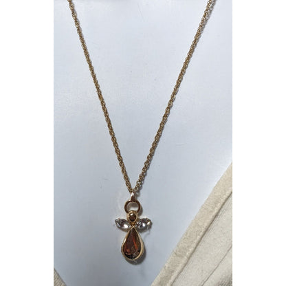 Gold Tone Gemmed Angel Pendant Necklace With Faux Pearl Extender