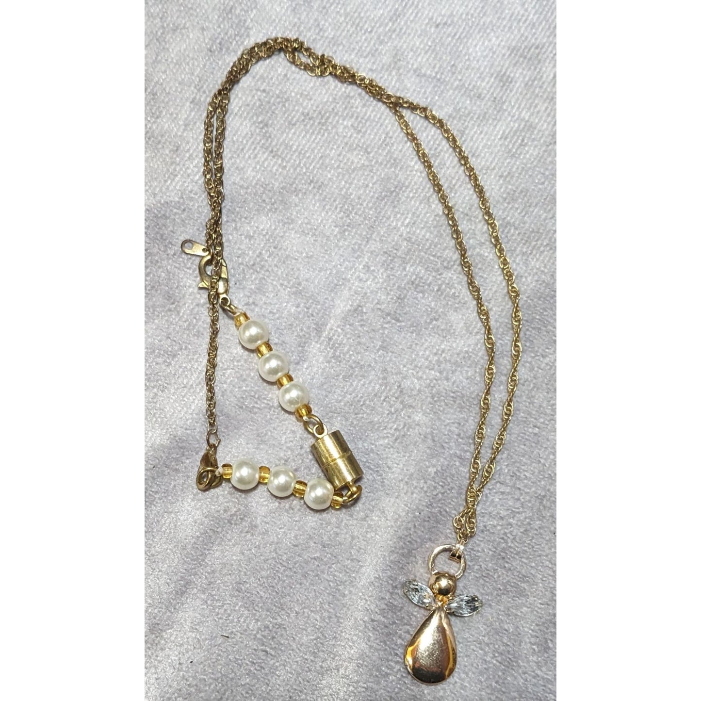 Gold Tone Gemmed Angel Pendant Necklace With Faux Pearl Extender