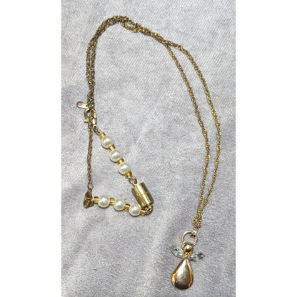 Gold Tone Gemmed Angel Pendant Necklace With Faux Pearl Extender