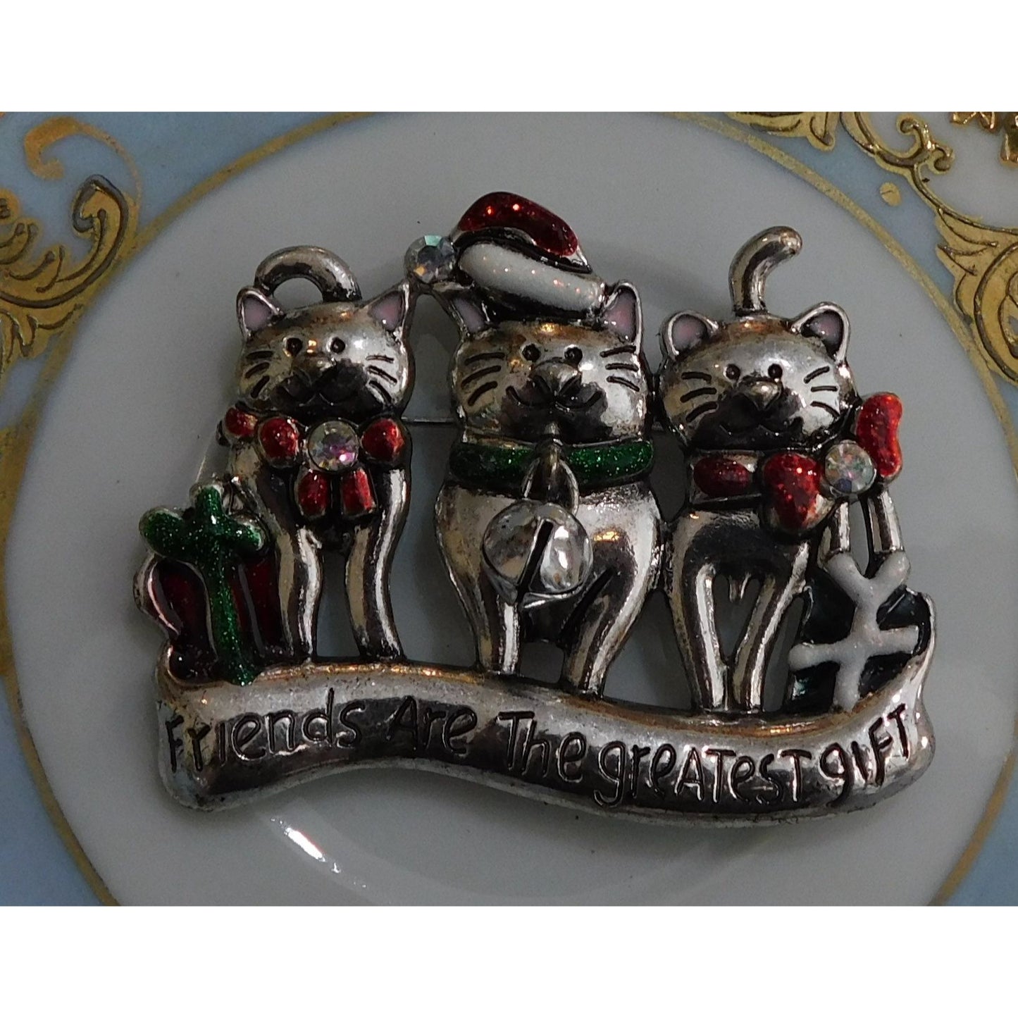 Vintage Holiday Cat Brooch "Friends Are The Greatest"