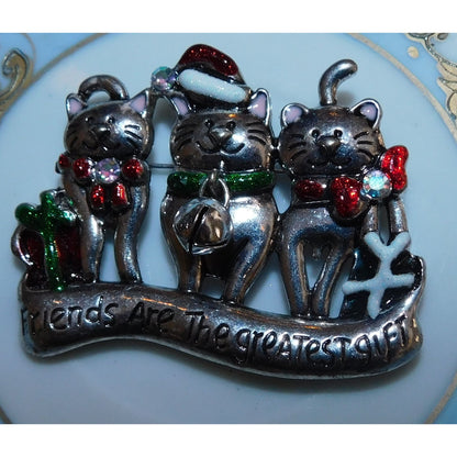 Vintage Holiday Cat Brooch "Friends Are The Greatest"